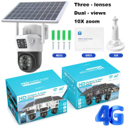 V380 Solar Camera 4G Dual-Screen gun ball Three-lenses Camera 10X zoom Low-power battery wireless camera white style
