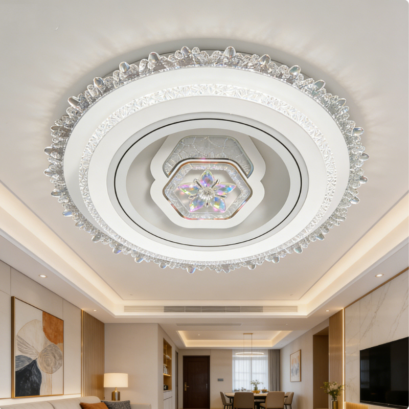 Luxury Crystal Dimmable 3 Color Temperature Round LED Flush Mount Ceiling Light | Crystal Decor Remote Control Flicker-Free Eye-Caring Ceiling Lamp for Luxury Home Bedroom Living Room Dining Room Foyer Hallway, 48W 3000K-6500K Luxury Crystal Dimmable Round LED Ceiling Light with Remote Control LED Ceiling Light, Dimmable Light, Crystal Decor, Eye-Caring Lamp, Flush Mount Light,Glass ceiling light