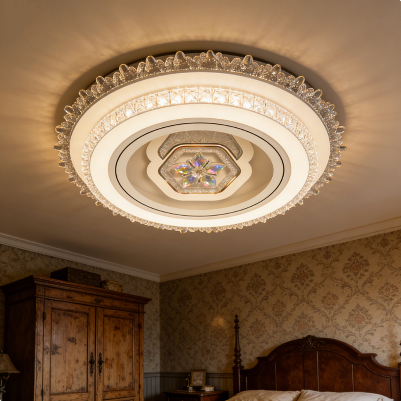 Luxury Crystal Dimmable 3 Color Temperature Round LED Flush Mount Ceiling Light | Crystal Decor Remote Control Flicker-Free Eye-Caring Ceiling Lamp for Luxury Home Bedroom Living Room Dining Room Foyer Hallway, 48W 3000K-6500K Luxury Crystal Dimmable Round LED Ceiling Light with Remote Control LED Ceiling Light, Dimmable Light, Crystal Decor, Eye-Caring Lamp, Flush Mount Light,Glass ceiling light