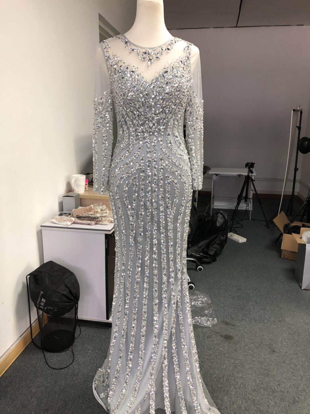long sleeve beaded evening gowns