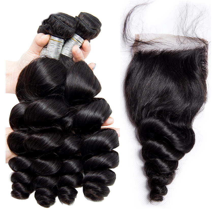 3 Bundles Loose Wave Human Hair Bundles With Closure Indian Hair