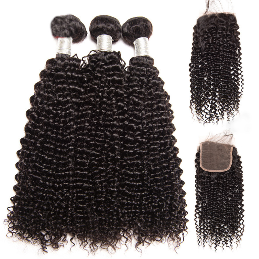 Malaysian Curly Hair Lace Closure Free Part Hair Weave Bundles