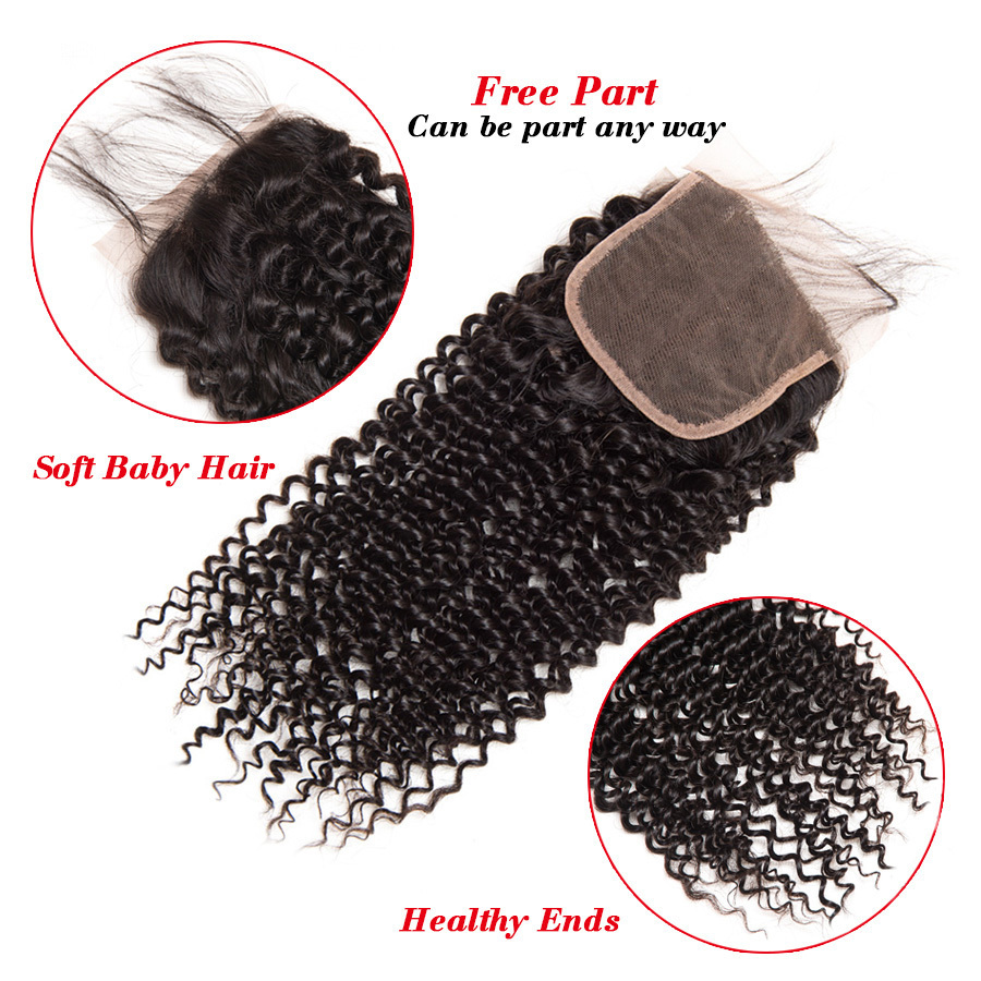 Malaysian Curly Hair Lace Closure Free Part Hair Weave Bundles