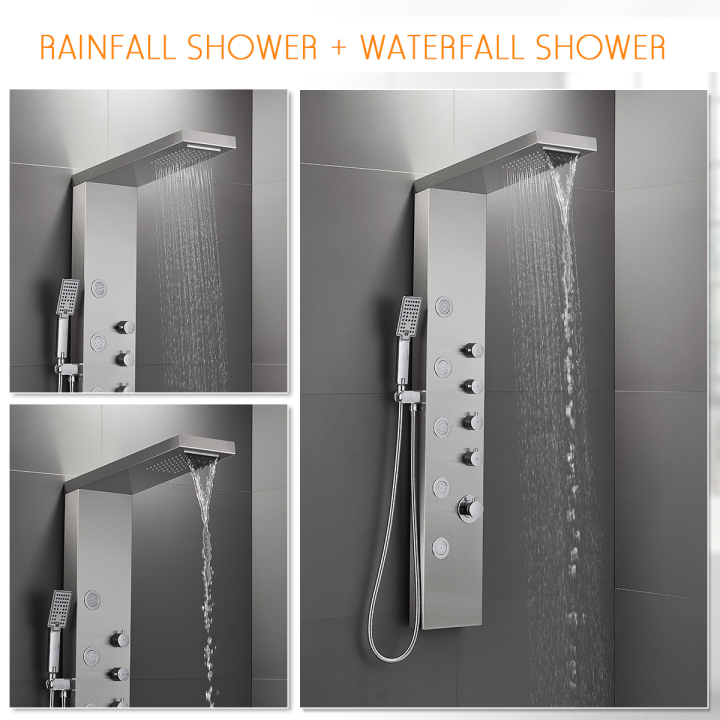 Rainfall Waterfall Shower Head Shower Panel System, Stainless Steel