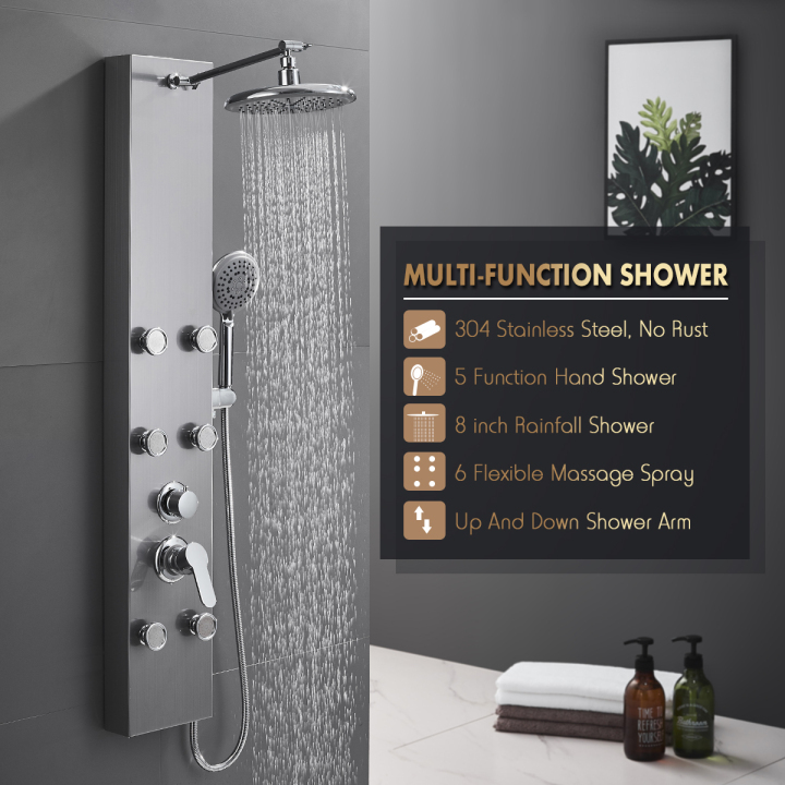 304 Stainless Steel Shower Panel Tower System, 8inch Rainfall Shower Head + 6 Powerful Body