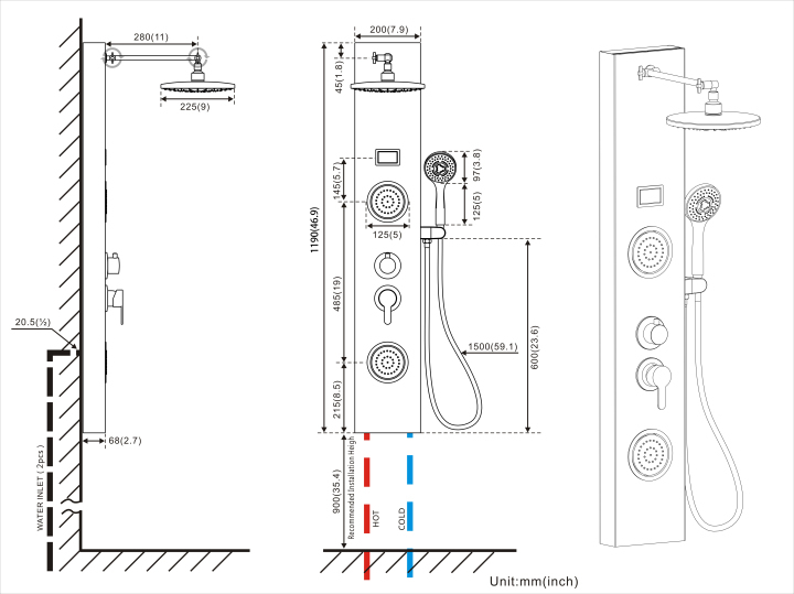 Stainless Steel Rainfall Shower Panel Tower System, 9inch Round Head