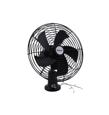 Black table fan with a protective grill and four blades, designed for efficient airflow.