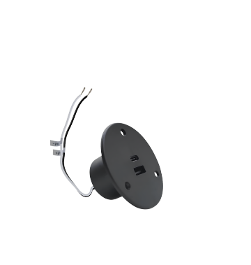 Black RV electronics mounting dock with a USB-C port and two attached wires.
