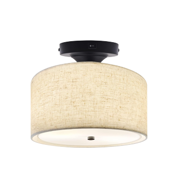Modern RV pendant light featuring a beige fabric shade and sleek black ceiling fixture, ideal for accent lighting in recreational vehicles.
