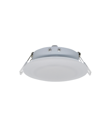 A round, white puck light with a smooth surface and metal mounting brackets, used for recessed lighting in various interior spaces.