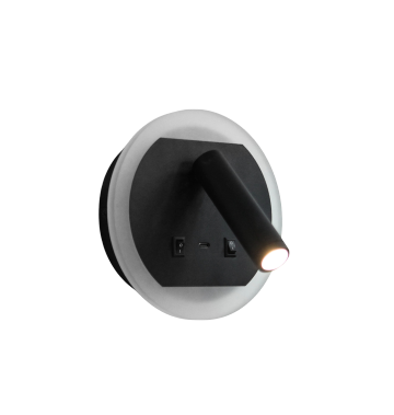 Wall-mounted reading light with adjustable arm and USB charging port, featuring a sleek black design and a circular backplate.