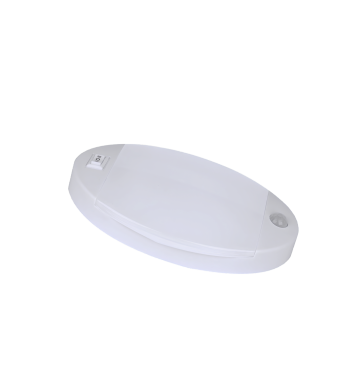 A white RV sensor light featuring a simple design, an on/off switch, and a motion sensor, suitable for enhancing visibility and safety in recreational vehicles.