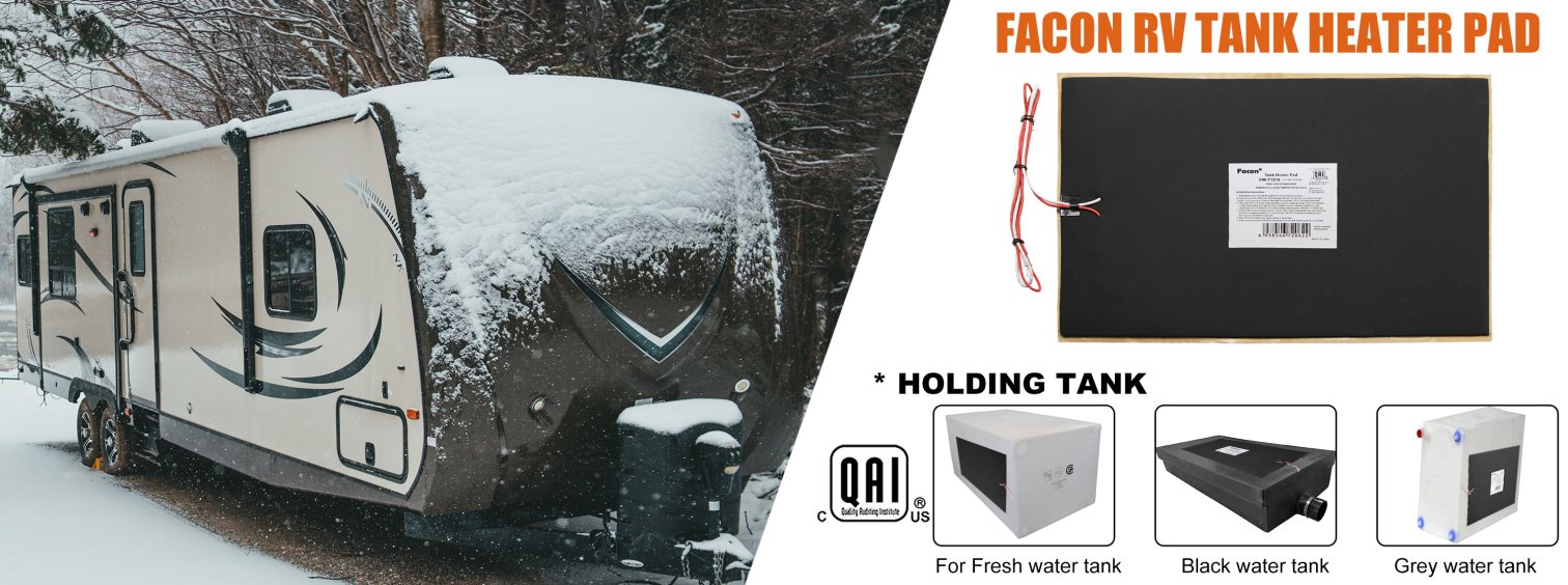 A snow-covered RV parked in a winter landscape alongside a Facon RV tank heater pad, designed for fresh, black, and grey water tanks, displayed with labeling and wiring.