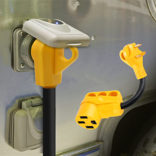 A yellow electrical cord with a three-prong plug and a connector, attached to an RV power inlet, set against a metallic background.