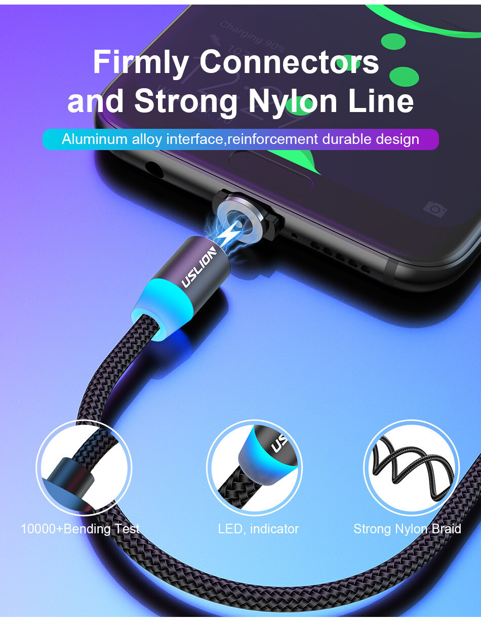 USLION Magnetic USB Cable For iPhone 12 11 Xiaomi Samsung Type C Cable LED Fast Charging Data Charge Micro USB Cable Cord Wire