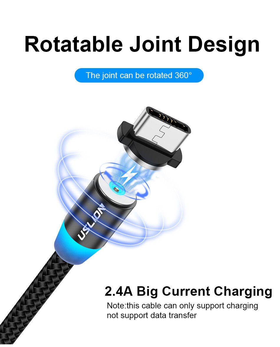 USLION Magnetic USB Cable For iPhone 12 11 Xiaomi Samsung Type C Cable LED Fast Charging Data Charge Micro USB Cable Cord Wire