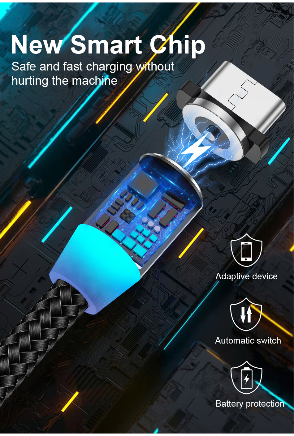 USLION Magnetic USB Cable For iPhone 12 11 Xiaomi Samsung Type C Cable LED Fast Charging Data Charge Micro USB Cable Cord Wire