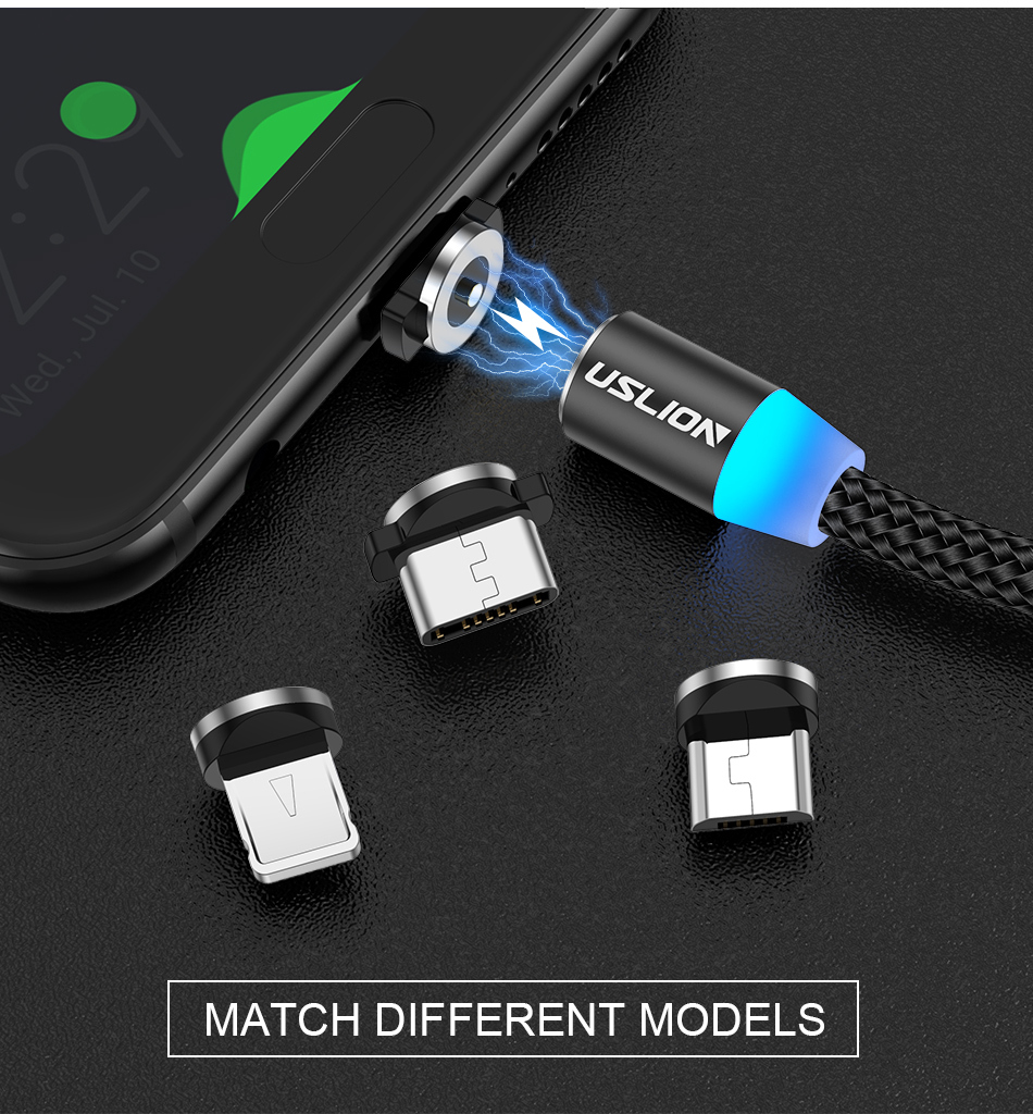 USLION Magnetic USB Cable For iPhone 12 11 Xiaomi Samsung Type C Cable LED Fast Charging Data Charge Micro USB Cable Cord Wire