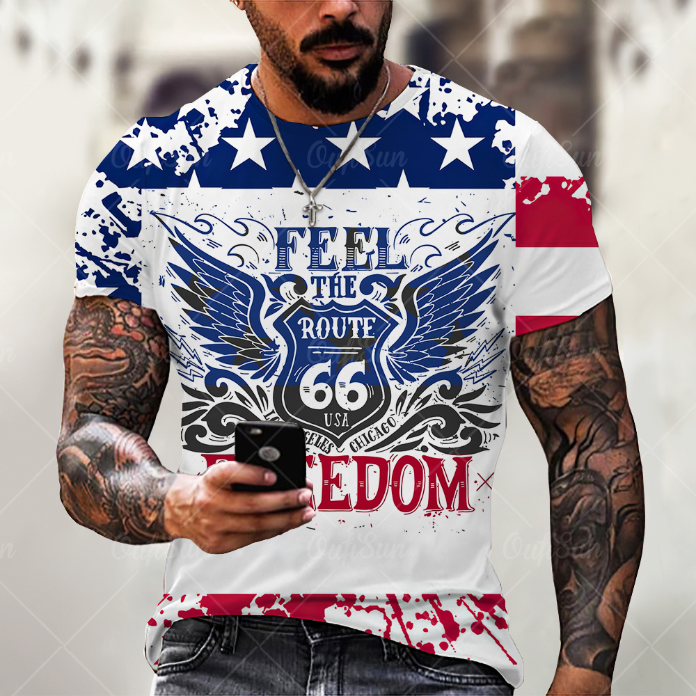 Summer New Mens T Shirts Oversized Loose Clothes Vintage Short Sleeve Fashion America Route 66 Letters Printed O Collared Tshirt