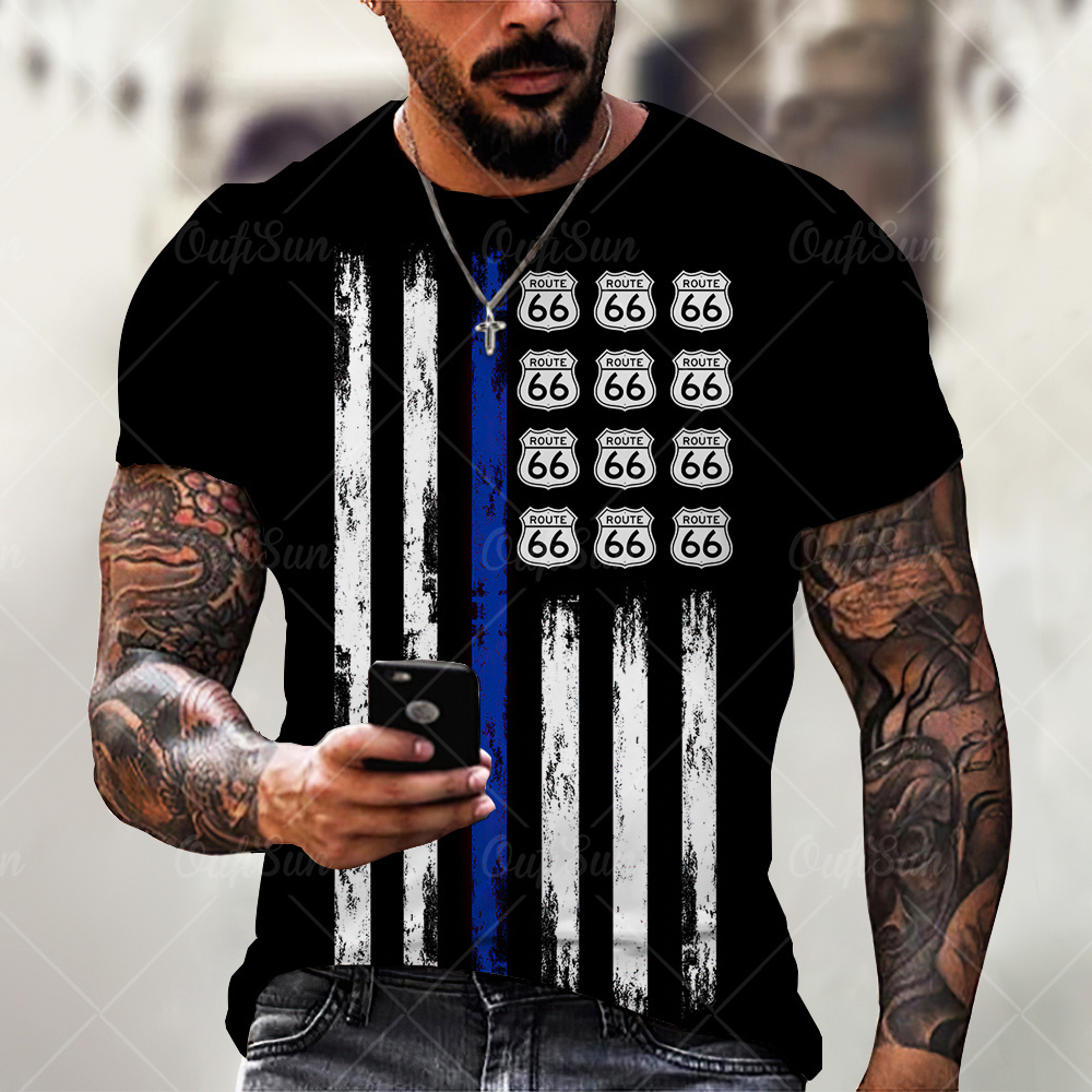 Summer New Mens T Shirts Oversized Loose Clothes Vintage Short Sleeve Fashion America Route 66 Letters Printed O Collared Tshirt