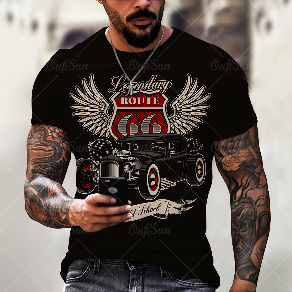 Summer New Mens T Shirts Oversized Loose Clothes Vintage Short Sleeve Fashion America Route 66 Letters Printed O Collared Tshirt