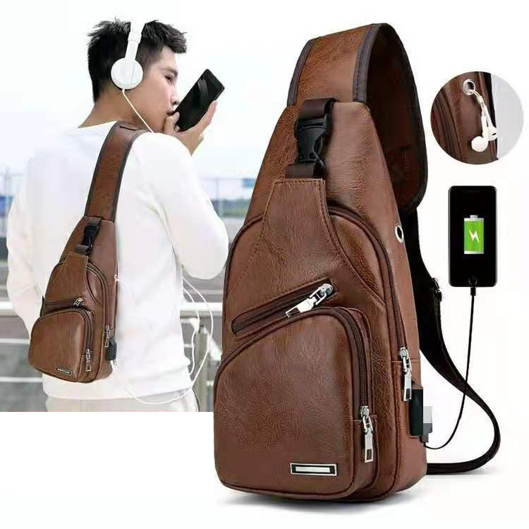 New Korean Fashion Charging Men Chest Bag Outdoor PU Leather Single Shoulder Briefcase Leather Sling Bag