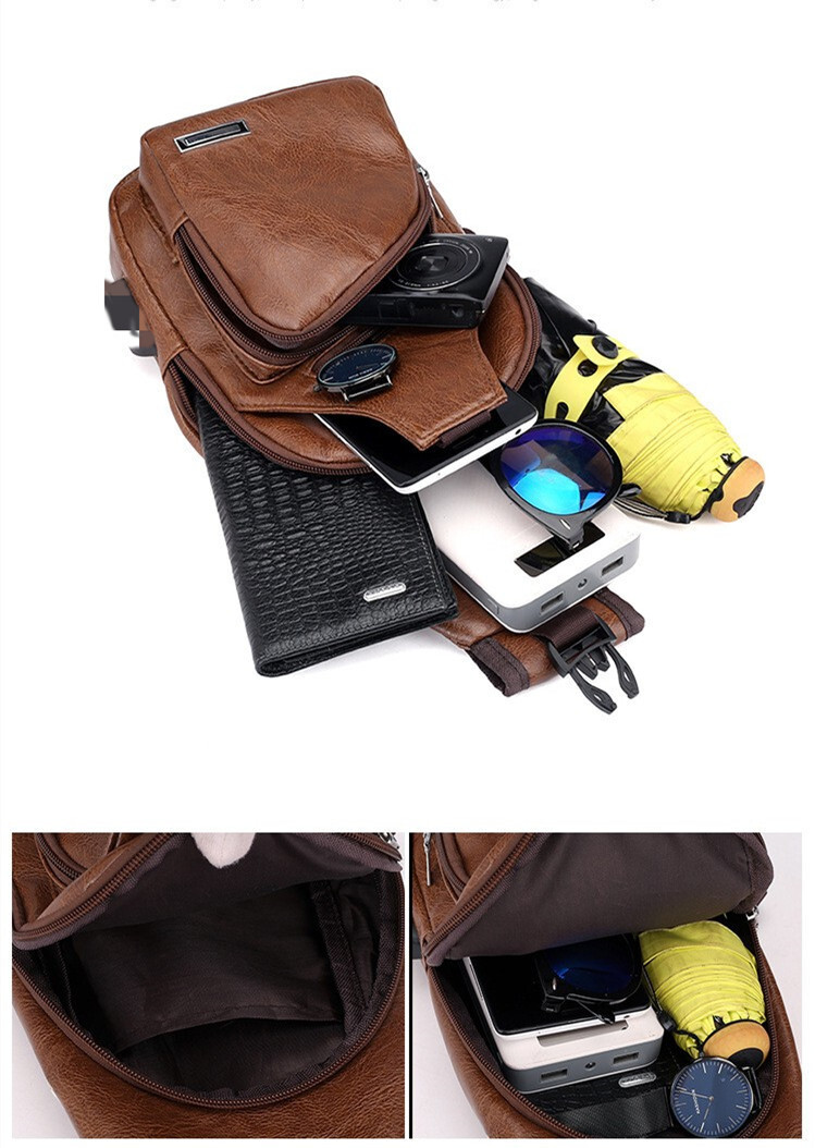 New Korean Fashion Charging Men Chest Bag Outdoor PU Leather Single Shoulder Briefcase Leather Sling Bag