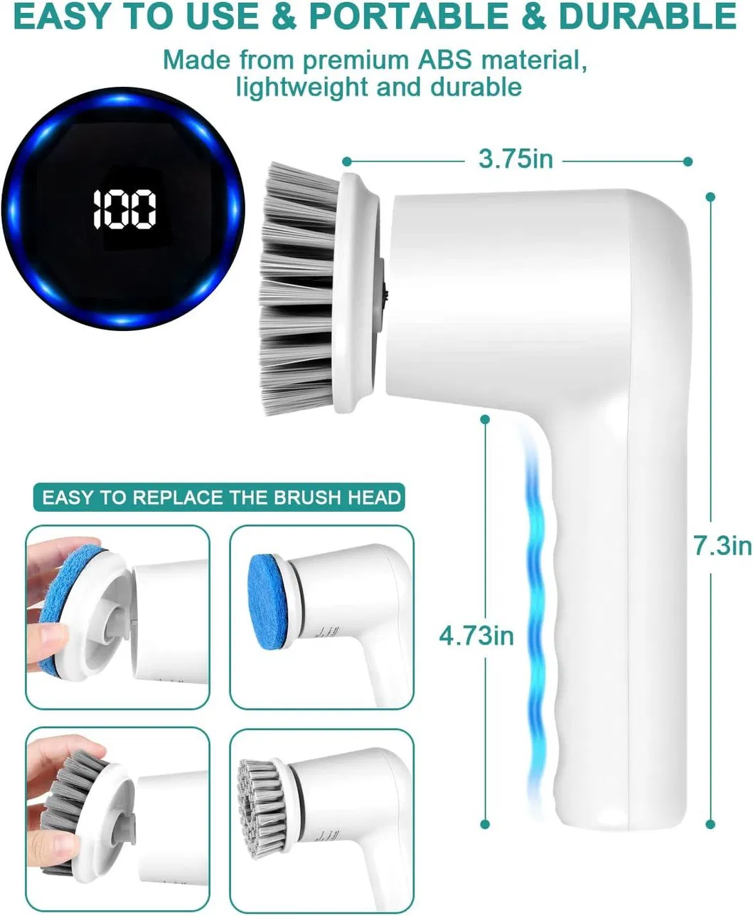 OEM Electric Spin Scrubber with Battery Level Display 2 Speeds Electric Cleaning Brush