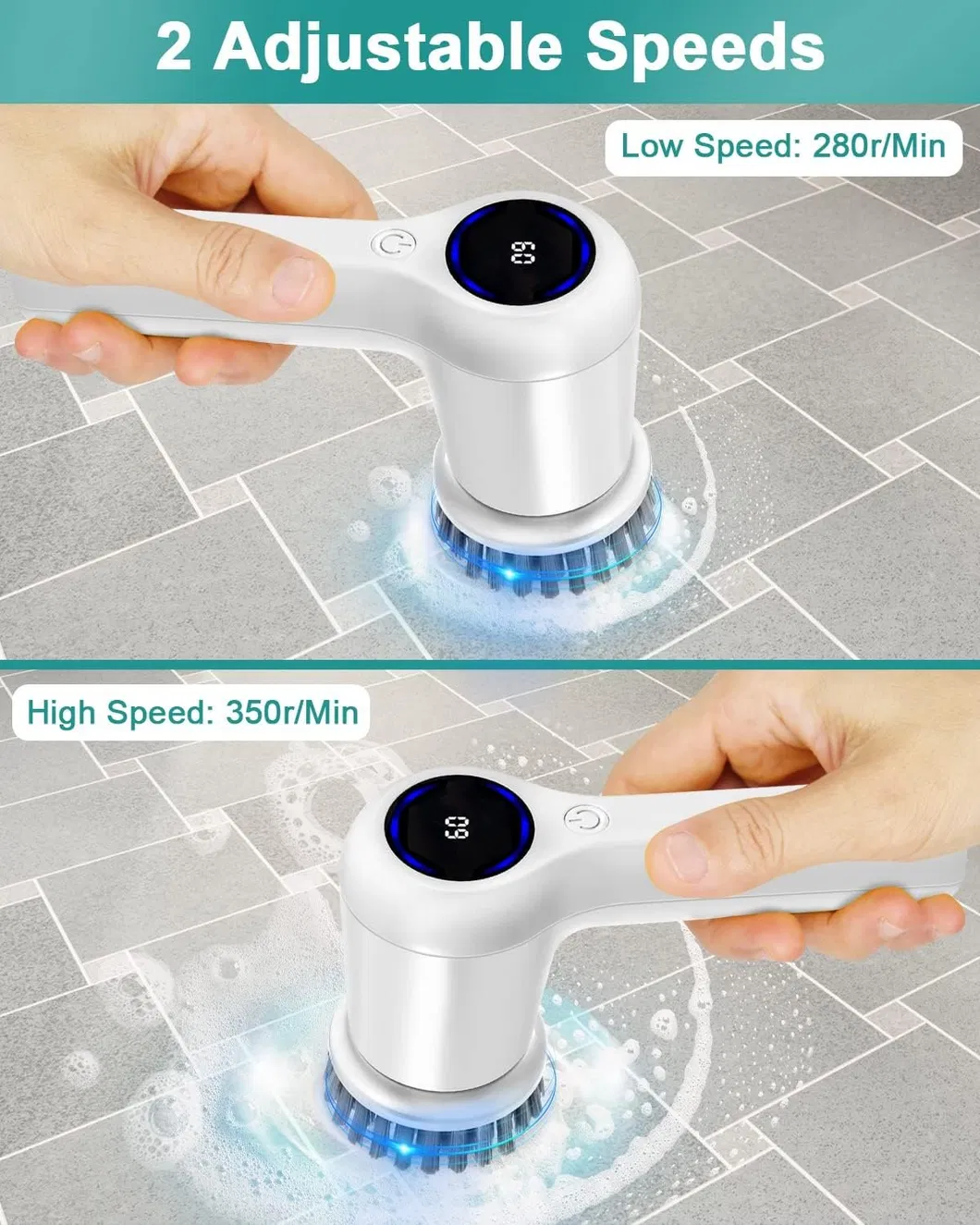 OEM Electric Spin Scrubber with Battery Level Display 2 Speeds Electric Cleaning Brush