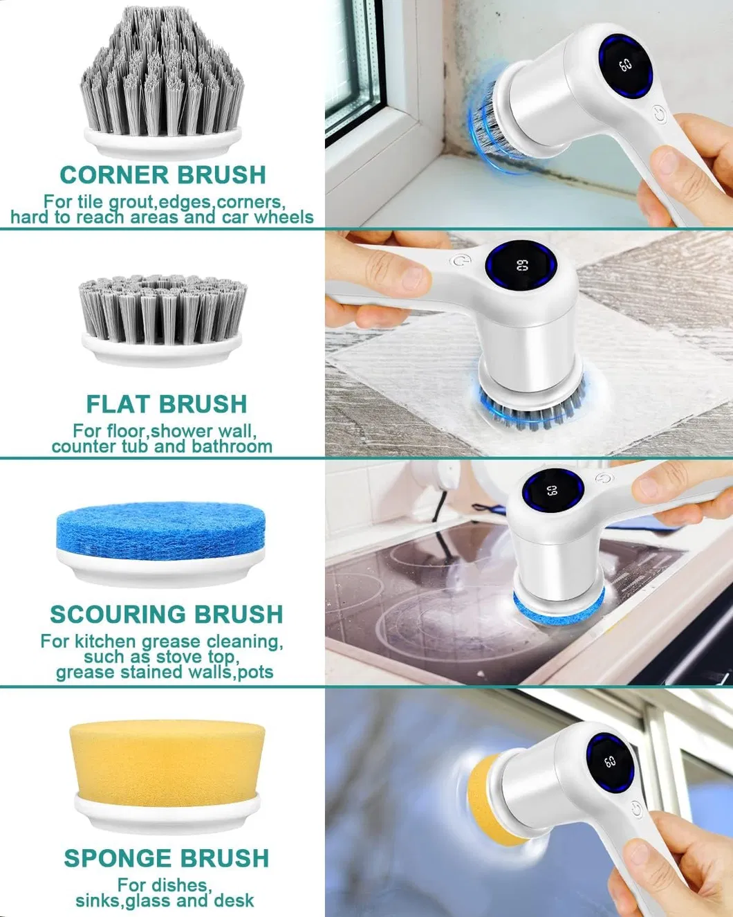 OEM Electric Spin Scrubber with Battery Level Display 2 Speeds Electric Cleaning Brush