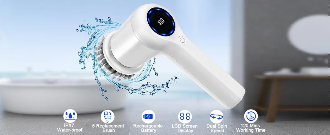 OEM Electric Spin Scrubber with Battery Level Display 2 Speeds Electric Cleaning Brush