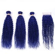 Blue Kinky Curly Pure Colored Hair Bundles With Lace Closure 4X4 JCXT-210
