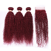 Burgundy Kinky Curly Pure Colored Hair Bundles With Lace Closure 4X4 JCXT-168