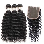 Deep Wave Natural Black Hair Bundles With Lace Closure 4X4 JCXT-10