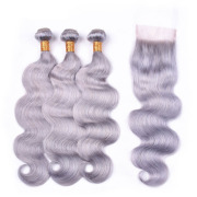 Grey Body Wave Pure Colored Hair Bundles With Lace Closure 4X4 JCXT-15