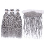 Grey Kinky Curly Pure Colored Hair Weaves With Lace Frontal 13X4 JCXT-286