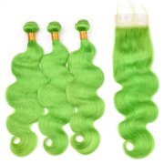 Grass Green Body Wave Pure Colored Hair Bundles With Lace Closure 4X4 JCXT-241