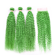 Grass Green Kinky Curly Pure Colored Hair Bundles With Lace Closure 4X4 JCXT-90