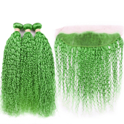 Grass Green Kinky Curly Pure Colored Hair Weaves With Lace Frontal 13X4 JCXT-172