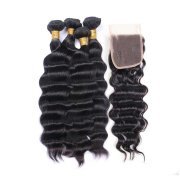 Loose Deep Wave Natural Black Hair Bundles With Lace Closure 4X4 JCXT-182
