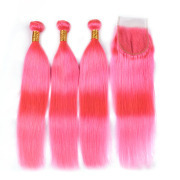 Pink Straight Pure Colored Hair Bundles With Lace Closure 4X4 JCXT-66