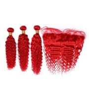 Red Deep Wave Pure Colored Hair Weaves With Lace Frontal 13X4 JCXT-314
