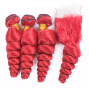 Red Loose Wave Pure Colored Hair Bundles With Lace Closure 4X4 JCXT-173