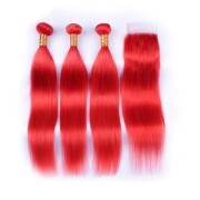 Red Straight Pure Colored Hair Bundles With Lace Closure 4X4 JCXT-105