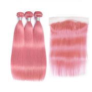 Rose Pink Straight Pure Colored Hair Weaves With Lace Frontal 13X4 JCXT-321