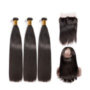 Straight Natural Color Remy Human Hair Bundles With 360 Lace Frontal Closure JCXT-287
