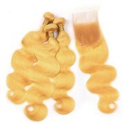 Yellow Body Wave Pure Colored Hair Bundles With Lace Closure 4X4 JCXT-243