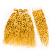 Yellow Kinky Curly Pure Colored Hair Bundles With Lace Closure 4X4 JCXT-146