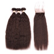 #2 Dark Brown Kinky Straight Pure Colored Hair Bundles With Lace Closure 4X4 JCXT-316