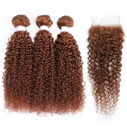 #30 Medium Auburn Kinky Curly Pure Colored Hair Bundles With Lace Closure 4X4 JCXT-239